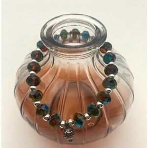 Beaded Stretch Bracelet‎ with Charm Multicolor Faceted Beads Silver Accents